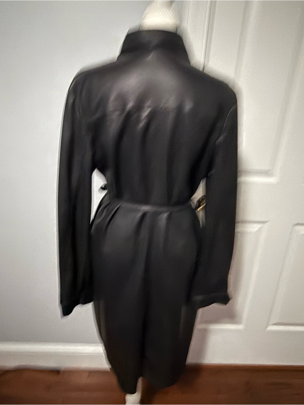 Black Faux-Leather Trench Coat Dress with Self-Tie Belt - Picture 2 of 3